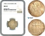 A8/115, Danish West Indies, Christian IX, 20 Cents 1905, Copenhagen Mint, Silver, KM-79, Lustrous example with dark champagne toning, NGC MS63