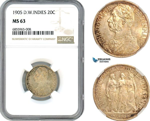 A8/115, Danish West Indies, Christian IX, 20 Cents 1905, Copenhagen Mint, Silver, KM-79, Lustrous example with dark champagne toning, NGC MS63