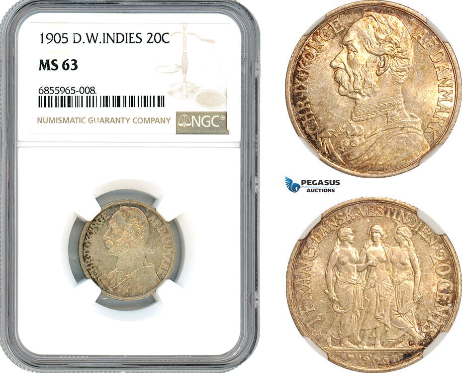 A8/115, Danish West Indies, Christian IX, 20 Cents 1905, Copenhagen Mint, Silver, KM-79, Lustrous example with dark champagne toning, NGC MS63