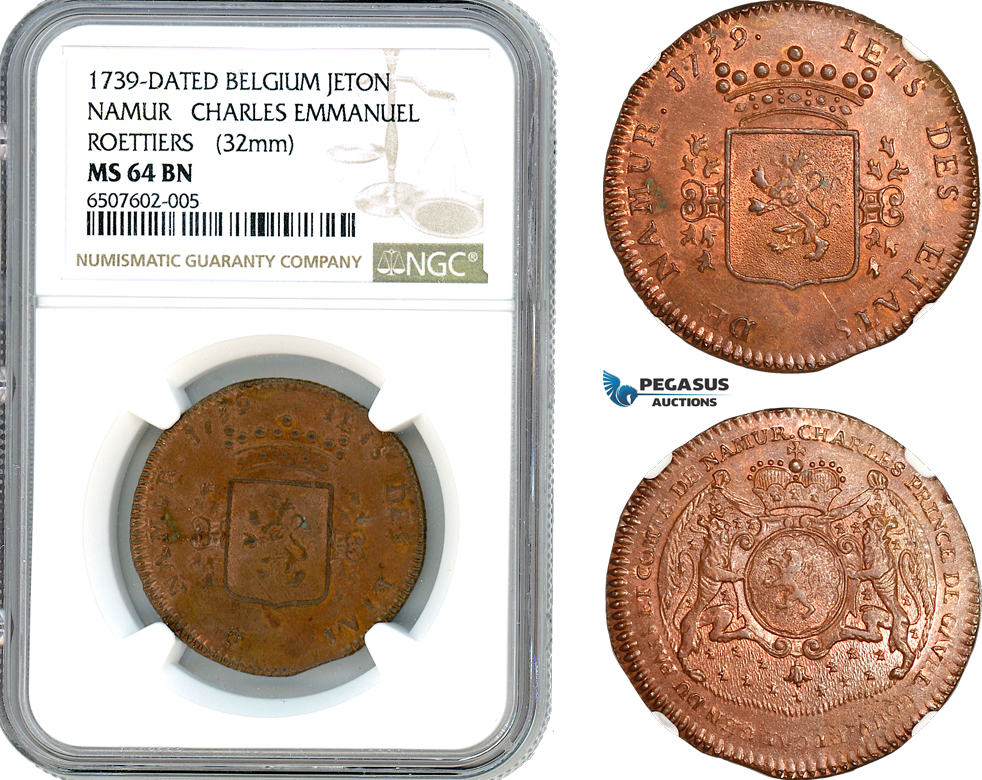 A928, Belgium, Namur, Charles-Emmanuel, 1739 Bronze Medal, NGC MS64BN