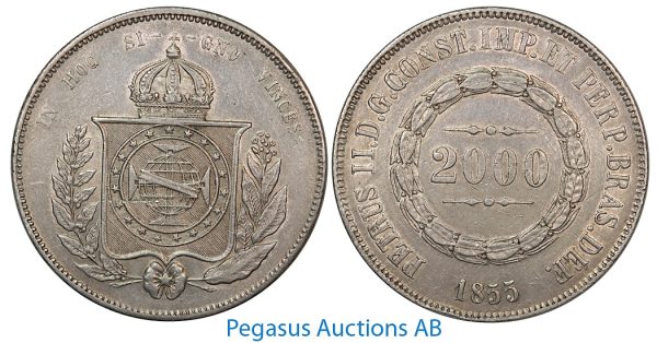 A98, Brazil, Pedro II, 2000 Reis 1855, Silver Crown, Nice!