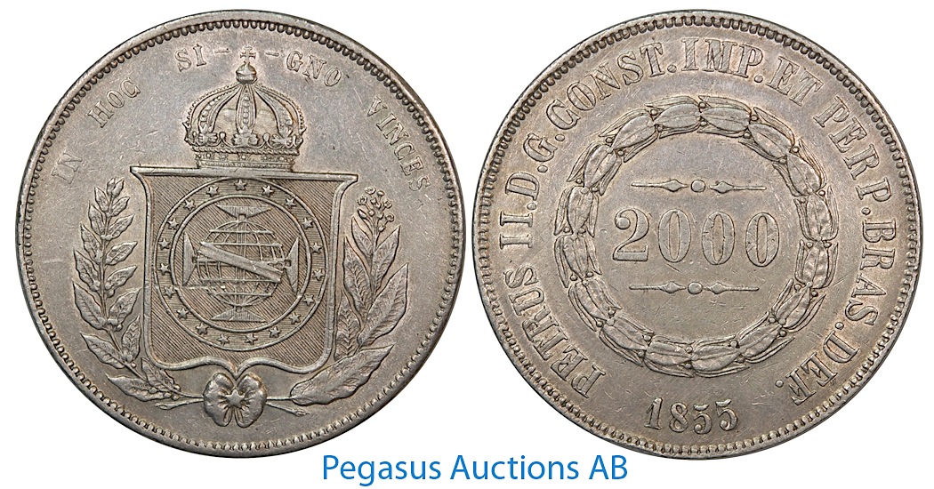 A98, Brazil, Pedro II, 2000 Reis 1855, Silver Crown, Nice!
