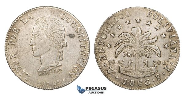AA036-R, Bolivia, 8 Soles 1863 PTS FP, Potosi, Silver, XF-AU