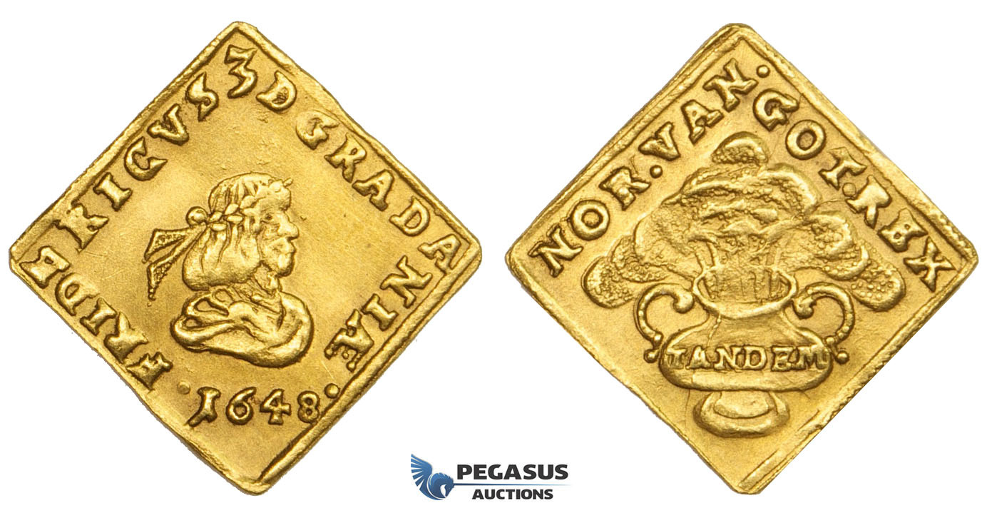 AA049, Denmark, Frederik III, Klippe Ducat 1648, Copenhagen, Gold (3.51g) H. 5b (R) aEF, Very Rare!