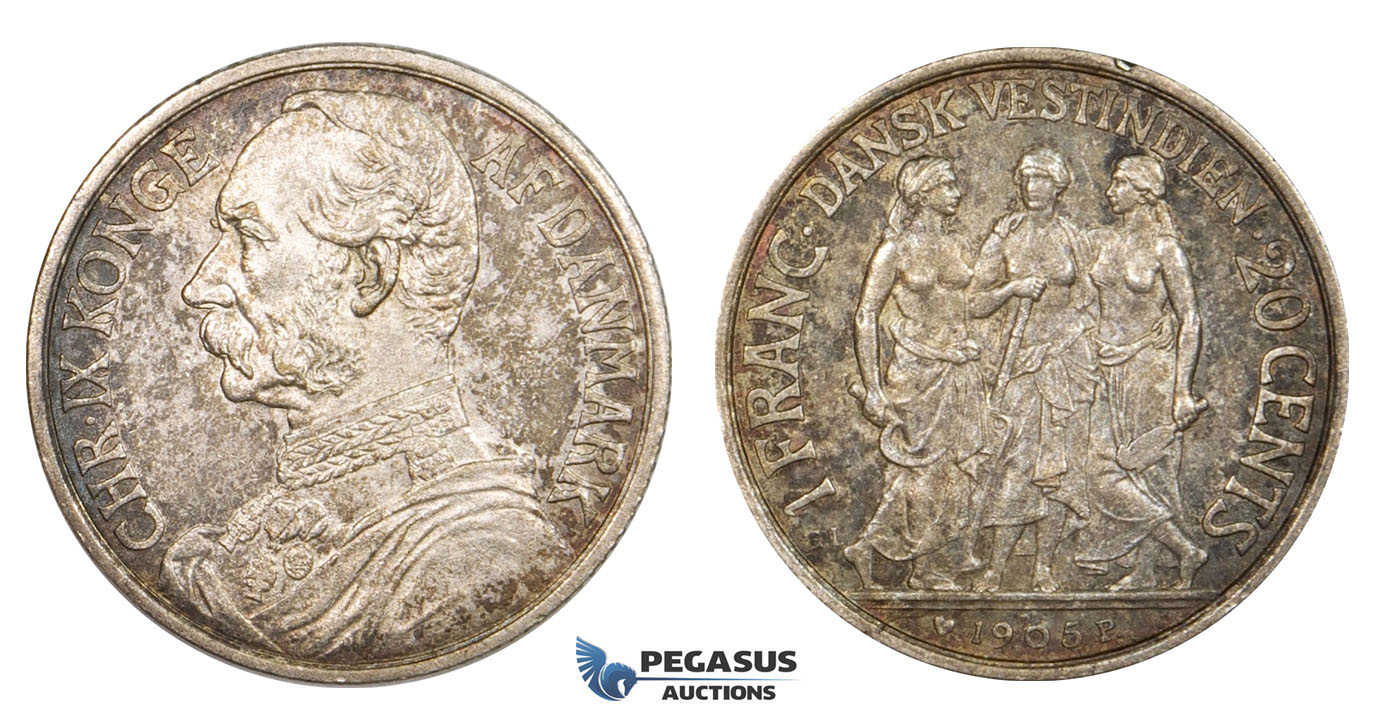 AA050, Danish West Indies, Christian IX, 20 Cents/1 Franc 1905, Copenhagen, Silver, Toned AU (Small edge nick)