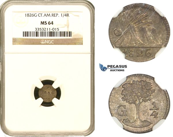 AA053, Central American Rep. (Guatemala) 1/4 Real 1826-G, Silver, NGC MS64