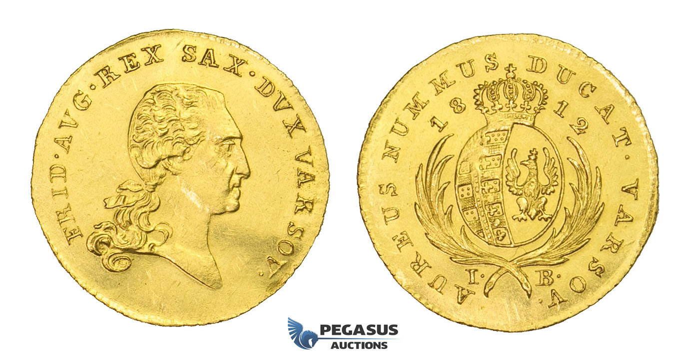 AA072, Poland, Grand Duchy of Warsaw, Fred. August, Ducat 1812-IB, Warsaw, Gold (3.49g) Lightly Wavy, Light hairlines, Lustrous aUNC, Rare!
