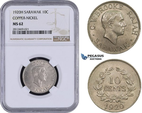 AA080, Sarawak, C.V. Brooke Rajah, 10 Cents 1920-H, Heaton, Copper-Nickel, NGC MS62