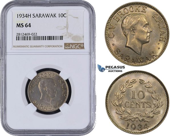 AA081, Sarawak, C.V. Brooke Rajah, 10 Cents 1934-H, Heaton, NGC MS64