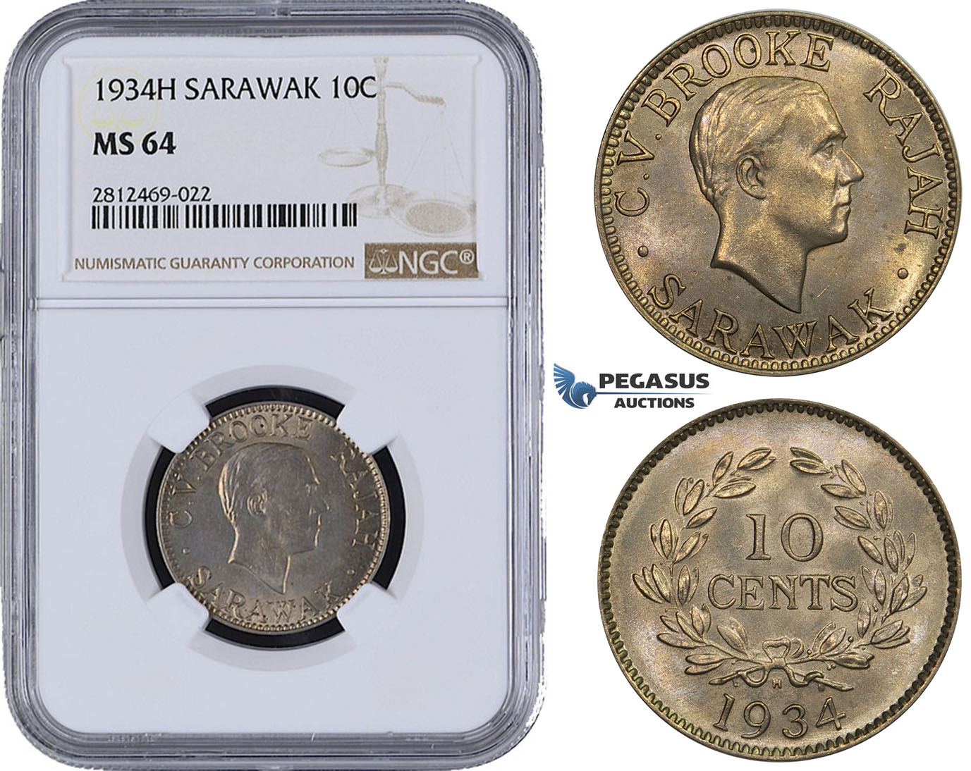 AA081, Sarawak, C.V. Brooke Rajah, 10 Cents 1934-H, Heaton, NGC MS64