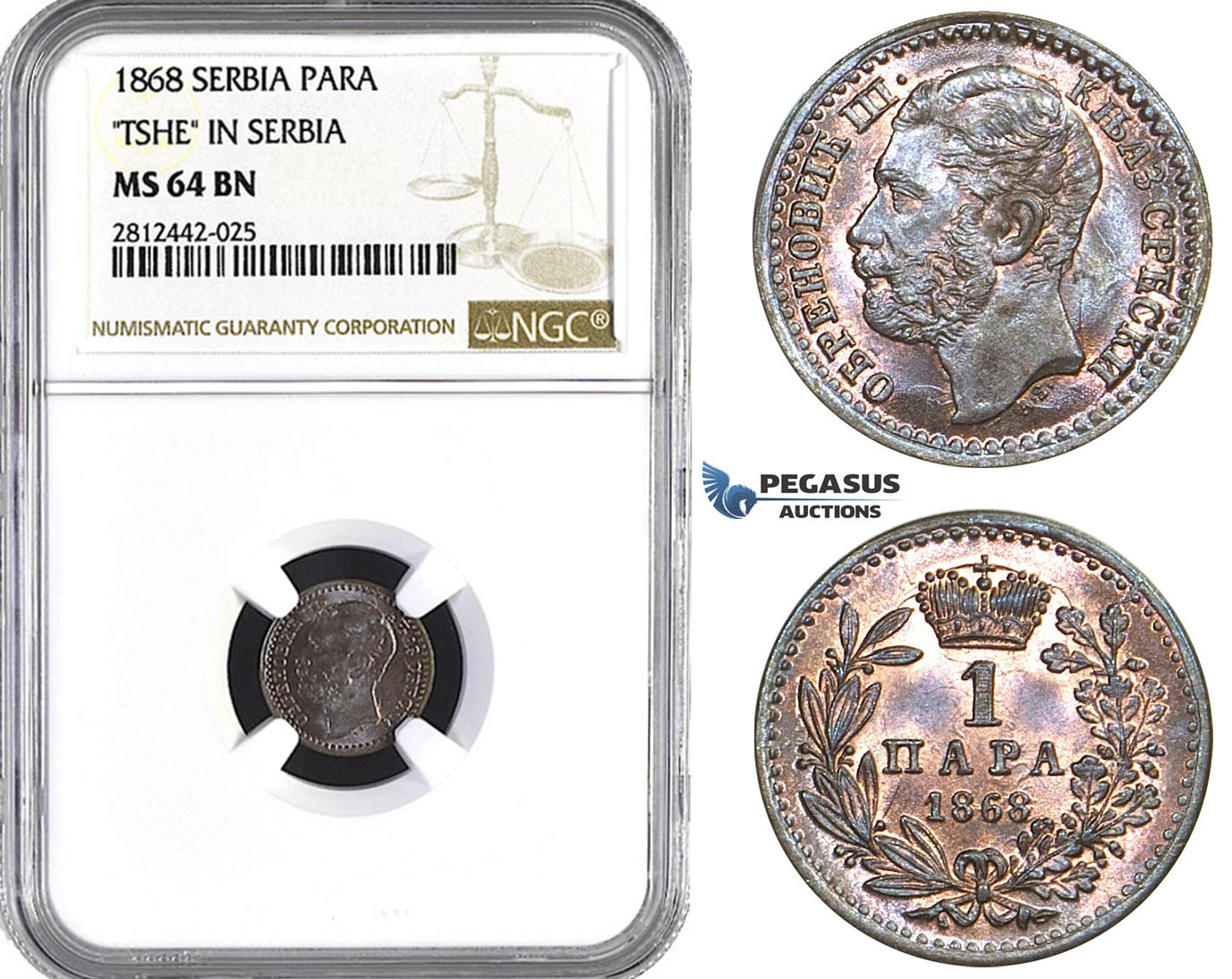 AA082, Serbia, M. Obrenovic III, 1 Para 1868, NGC MS64BN