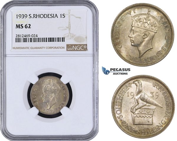 AA086, Southern Rhodesia (Zimbabwe) George VI, 1 Shilling 1939, Silver, NGC MS62, Pop 1/0, Finest! Rare!