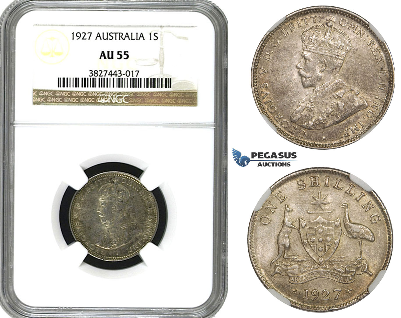 AA104, Australia, George V, Shilling 1927, Silver,  NGC AU55