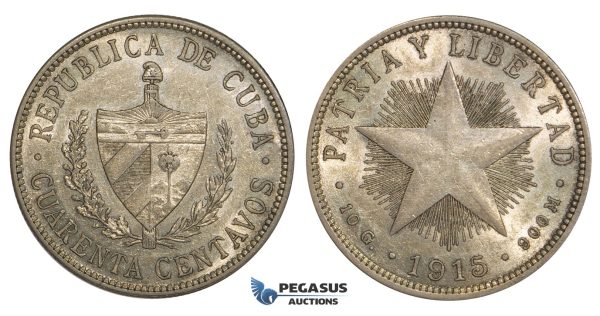 AA110, Cuba, 40 Centavos 1915, Philadelphia, Silver, Lustrous AU