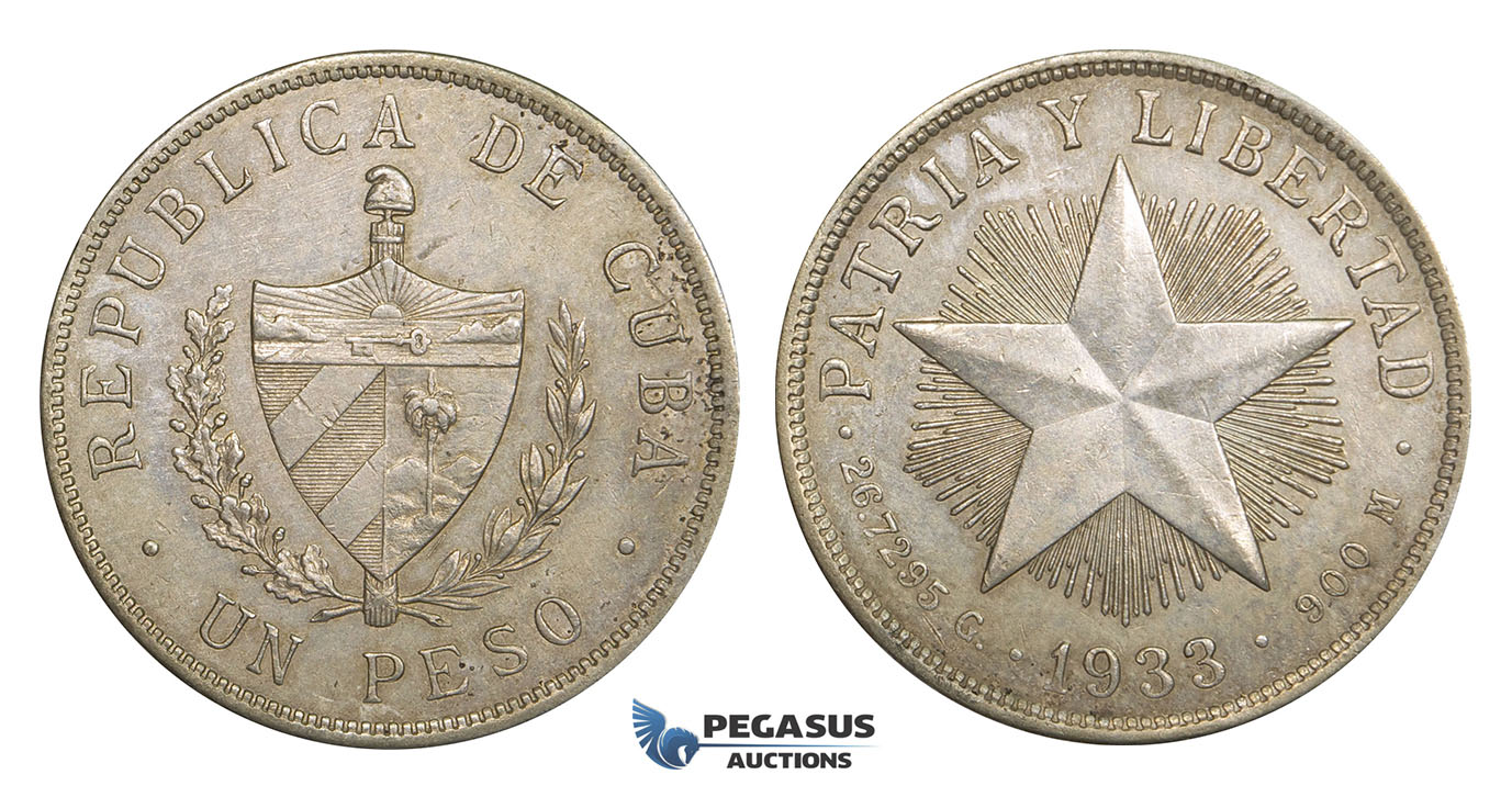 AA111, Cuba, Peso 1933, Philadelphia, Silver, AU