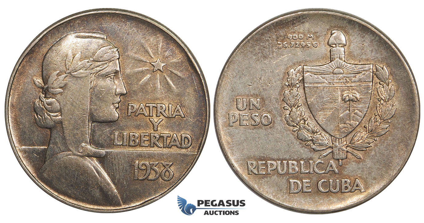 AA112, Cuba, "ABC" Peso 1938, Philadelphia, Silver, Toned AU (Bumps)