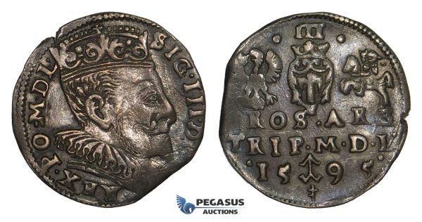 AA120, Lithuania, Sigismund III of Poland, 3 Groschen (Trojak) 1595, Vilnius, Silver (2.34g) Cabinet toning, VF-XF