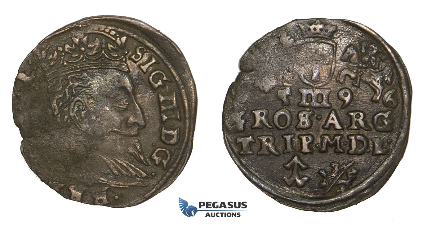 AA121, Lithuania, Sigismund III of Poland, 3 Groschen (Trojak) 1596, Vilnius, Silver (2.23g) Cabinet toning, VF