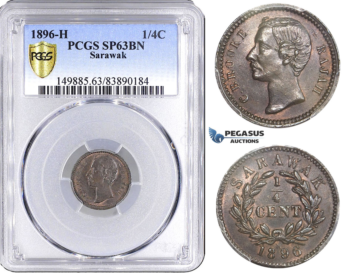 AA161, Sarawak, C. Brooke Rajah, 1/4 Cent 1896-H, Heaton, PCGS SP63BN, Pop 1/1, Rare!