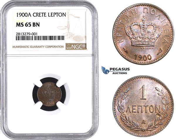 AA236, Crete (Greece) Prince George, 1 Lepton 1900-A, Paris, NGC MS65BN, Pop 1/0, Finest! Rare!