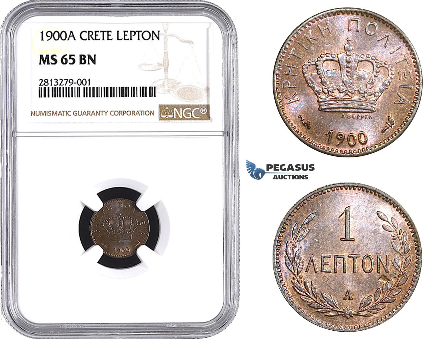 AA236, Crete (Greece) Prince George, 1 Lepton 1900-A, Paris, NGC MS65BN, Pop 1/0, Finest! Rare!