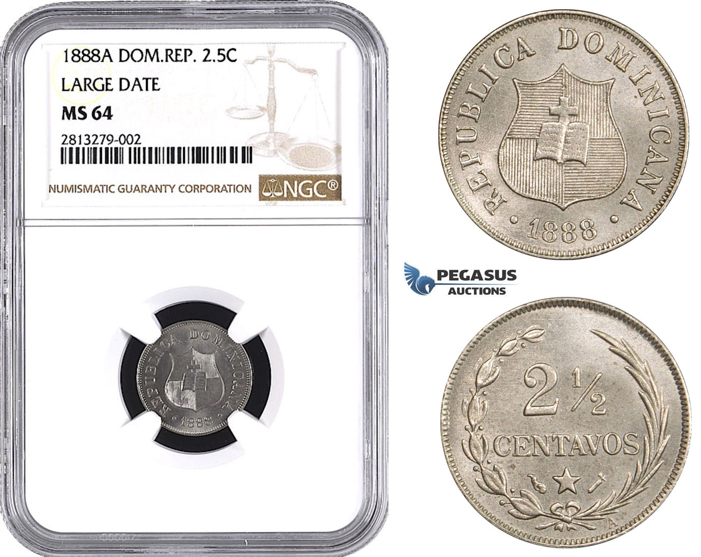 AA237, Dominican Republic, 2 1/2 Centavos 1888-A, Paris, NGC MS64