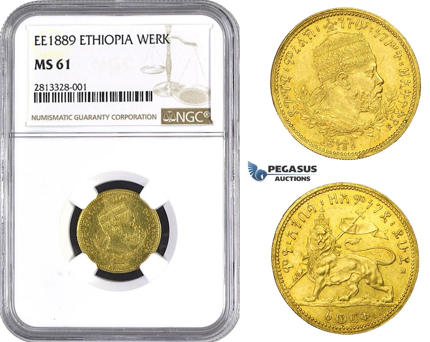 AA240, Ethiopia, Menellik II, Werk EE1889, Addis Ababa, Gold, NGC MS61
