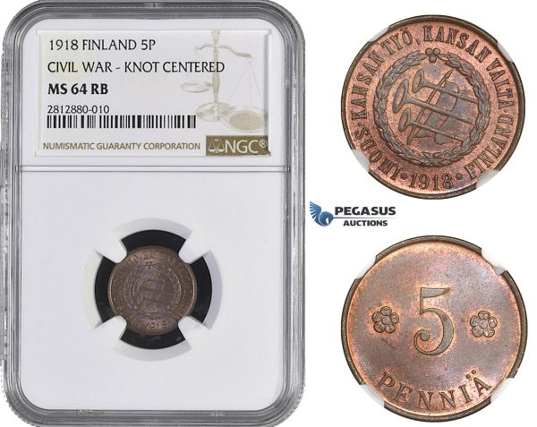 AA241, Finland (Civil War) 5 Penniä 1918 (Knot centered) NGC MS64RB