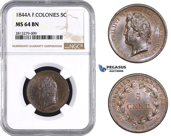 AA243, French Colonies, Louis Philippe I, 5 Centimes 1844-A, Paris, NGC MS64BN