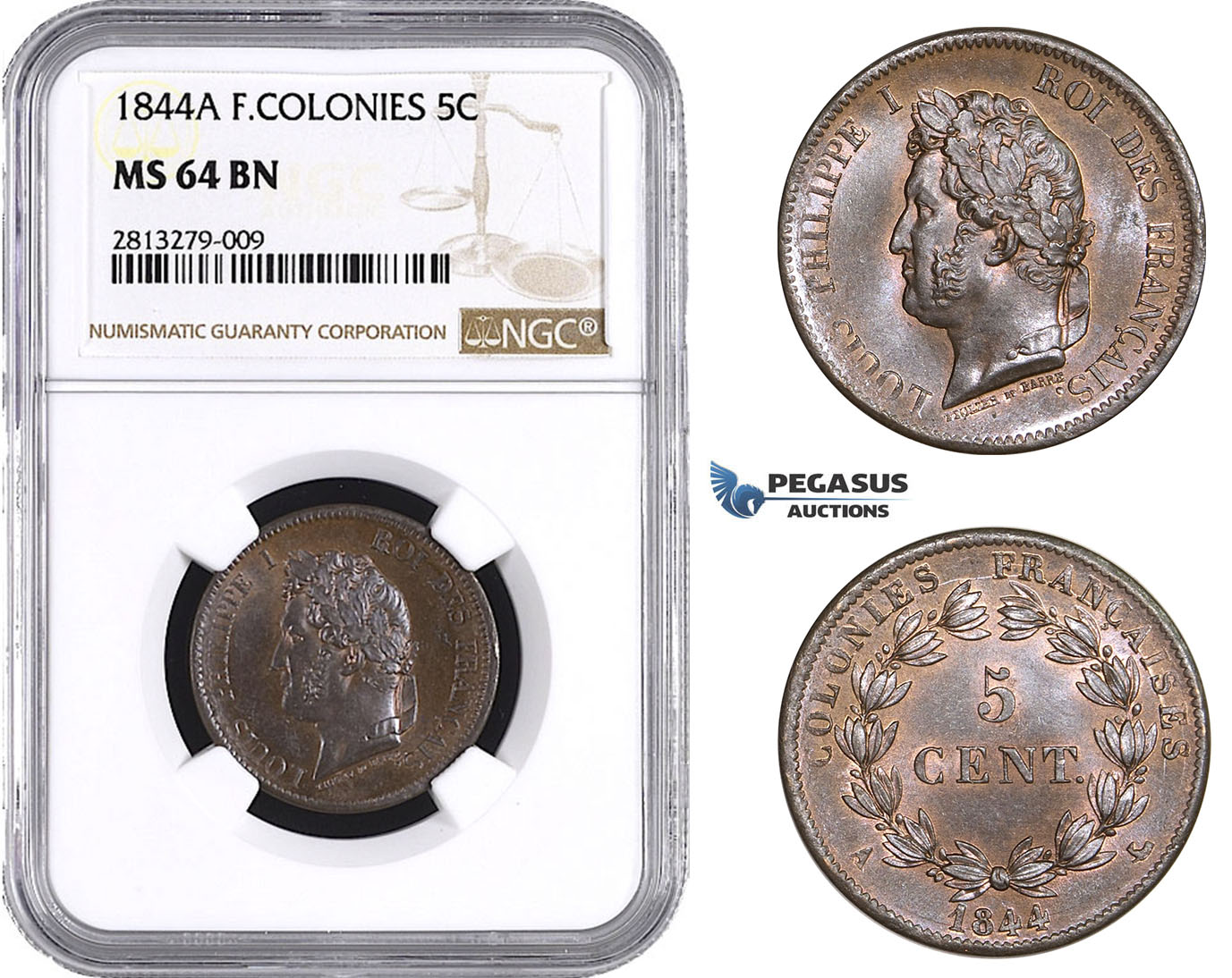 AA243, French Colonies, Louis Philippe I, 5 Centimes 1844-A, Paris, NGC MS64BN