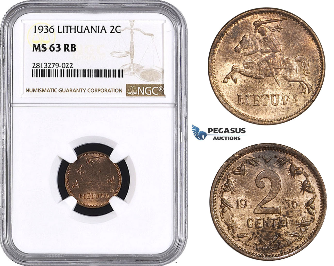AA259, Lithuania, 2 Centai 1936, NGC MS63RB