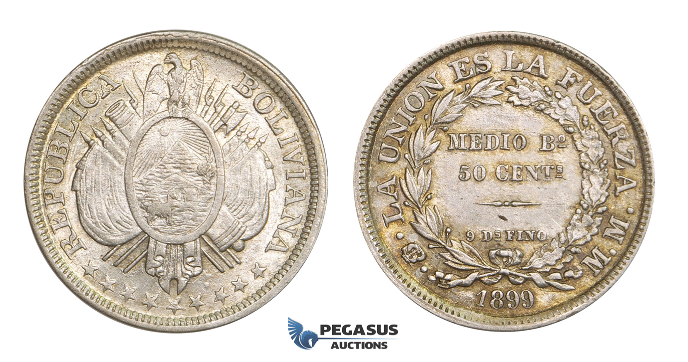 AA281, Bolivia, 50 Centavos 1899 PTS MM, Potosi, Silver, Toned aUNC