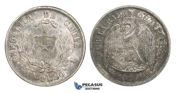 AA284, Chile, Peso 1876-SO, Santiago, Silver, Strong toning, VF-XF