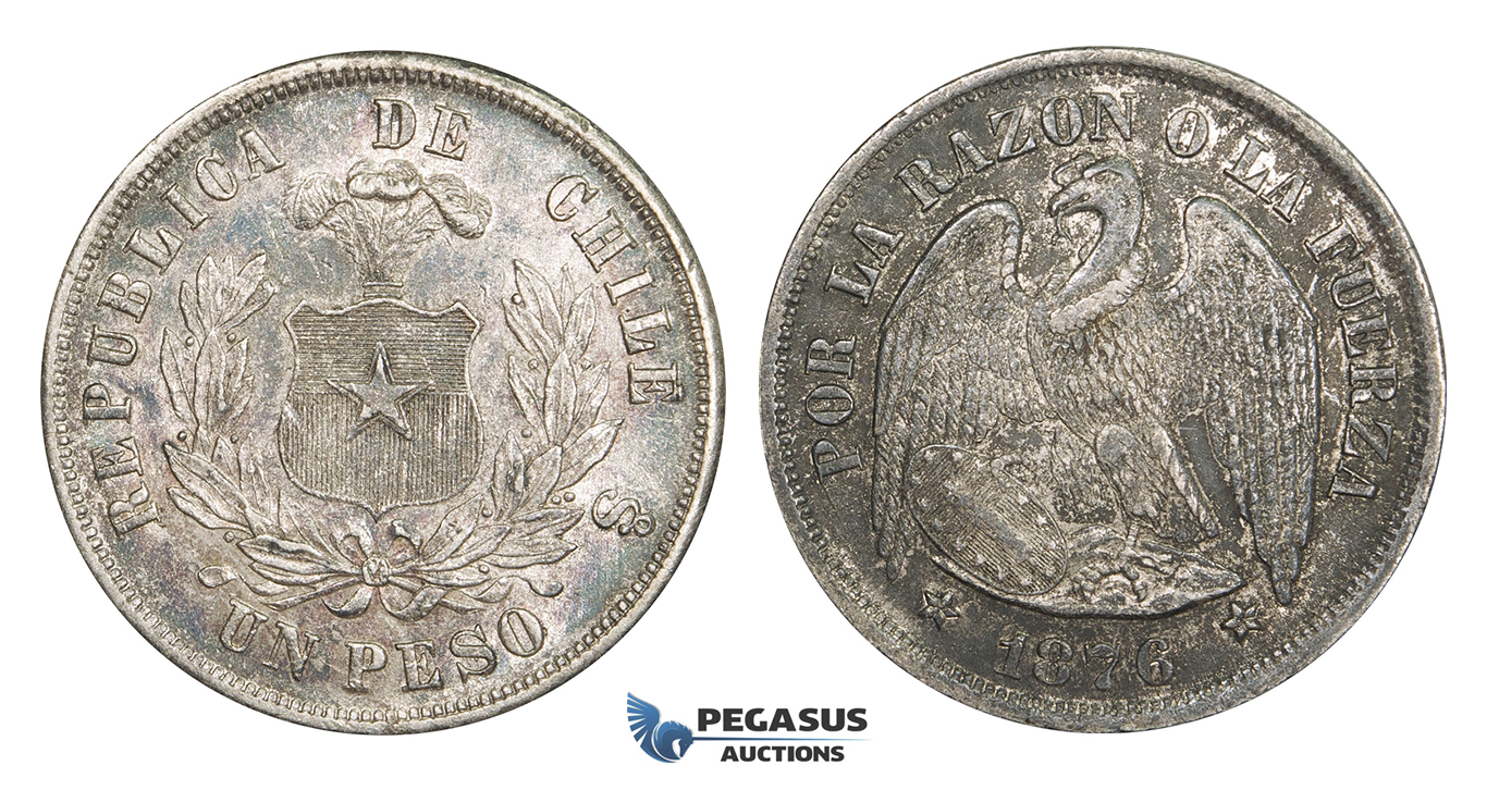 AA284, Chile, Peso 1876-SO, Santiago, Silver, Strong toning, VF-XF