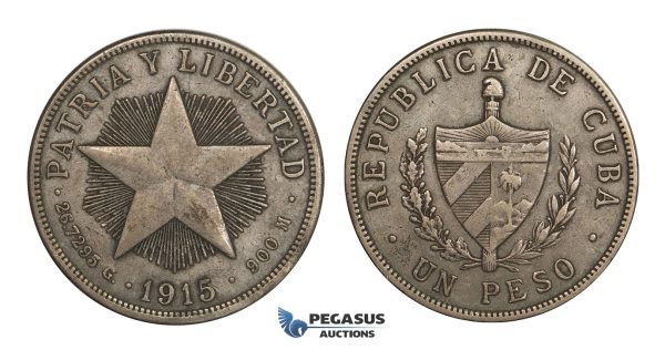 AA285, Cuba, Star Type Peso 1915, Philadelphia, Silver, VF