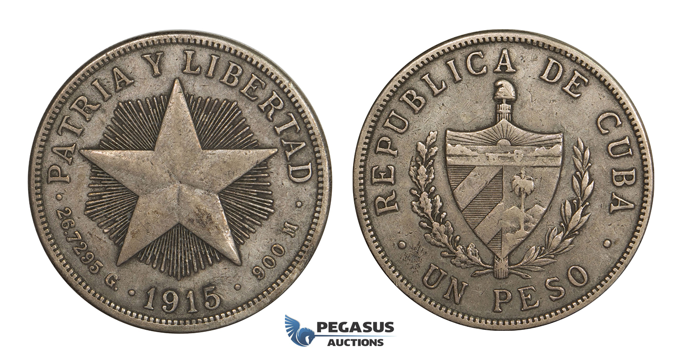 AA285, Cuba, Star Type Peso 1915, Philadelphia, Silver, VF