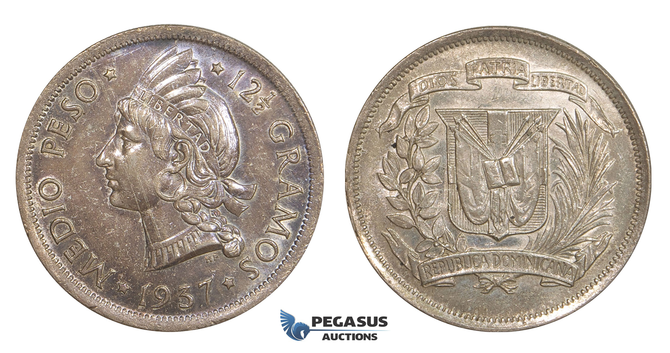 AA286, Dominican Republic, 1/2 Peso 1937, Silver, Toned AU-UNC