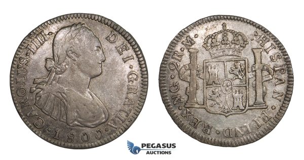 AA292A, Guatemala, Charles IV, 2 Reales 1800 NG M, Nueva Guatemala, Silver, Toned XF-AU