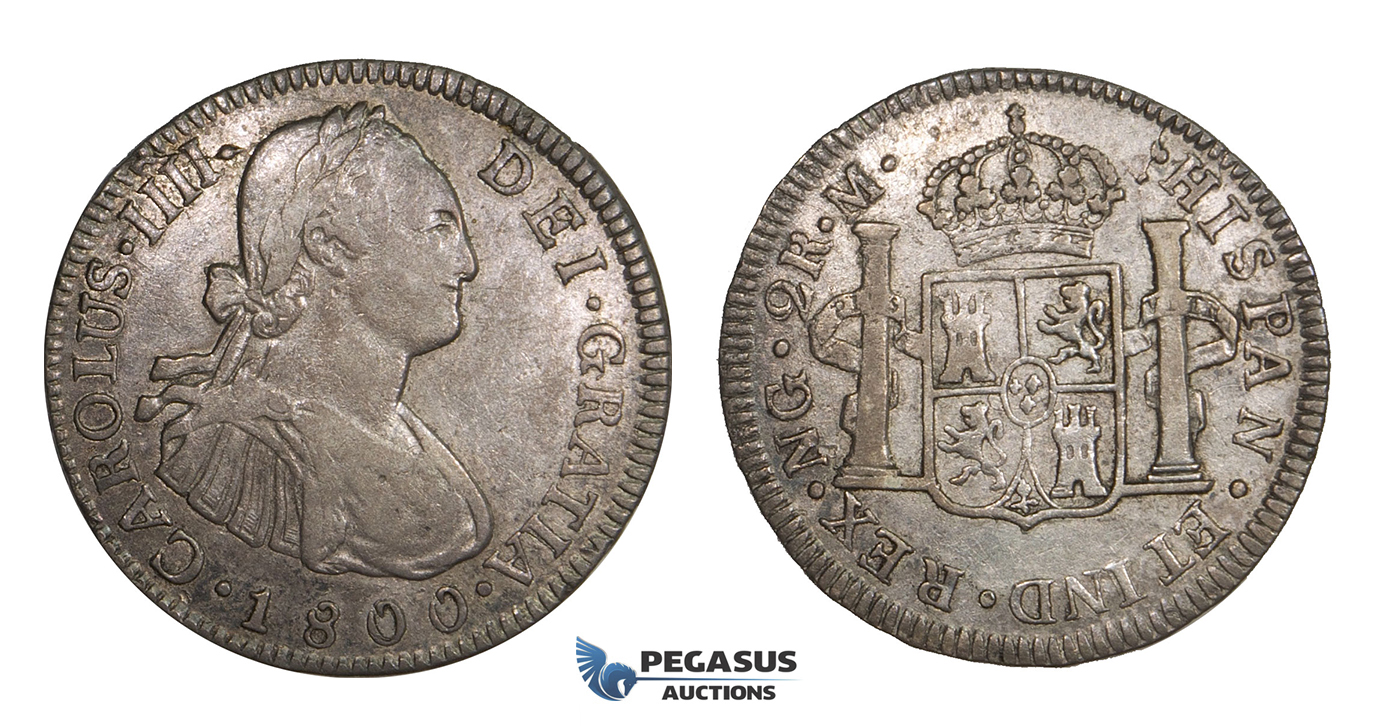 AA292A, Guatemala, Charles IV, 2 Reales 1800 NG M, Nueva Guatemala, Silver, Toned XF-AU