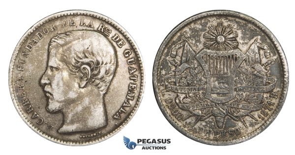 AA293, Guatemala, Peso 1871-R, Silver, Toned VF