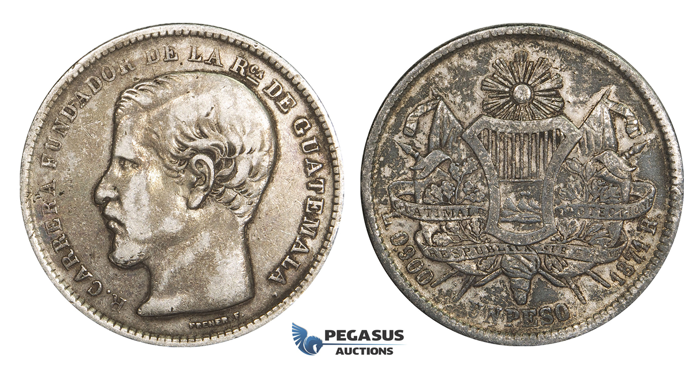 AA293, Guatemala, Peso 1871-R, Silver, Toned VF