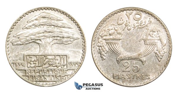 AA302, Lebanon, 25 Piastres 1929, Silver, AU