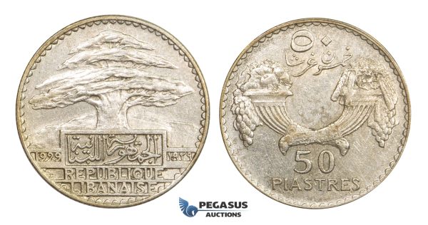 AA303, Lebanon, 50 Piastres 1929, Silver, AU
