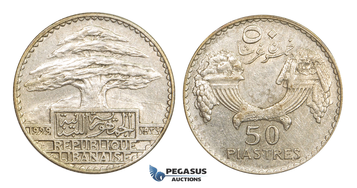 AA303, Lebanon, 50 Piastres 1929, Silver, AU