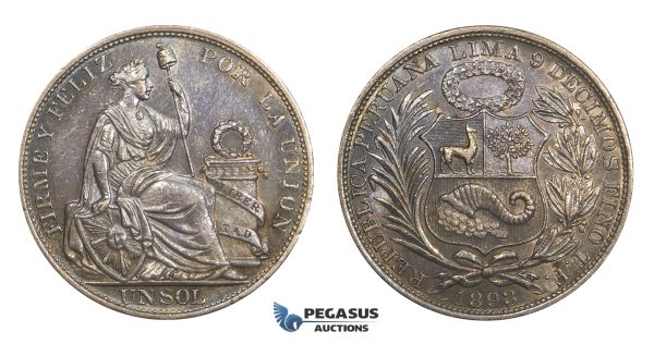 AA312, Peru, Sol 1893 LIMA TF, Lima, Silver, Toned AU