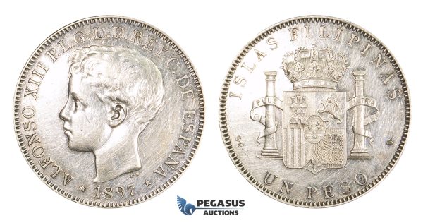 AA313, Philippines (Spanish) Alfonso XIII, Peso 1897 SG-V, Madrid, Silver, Polished XF