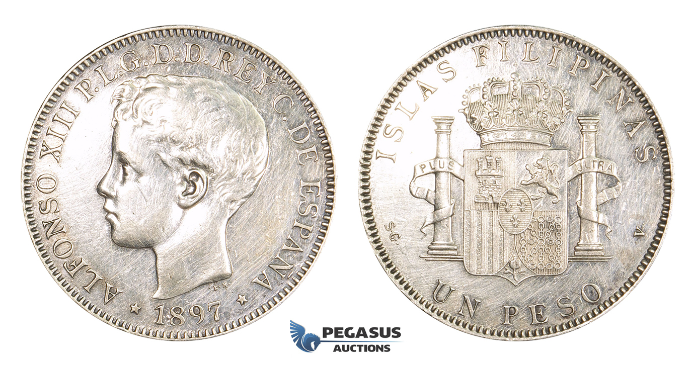 AA313, Philippines (Spanish) Alfonso XIII, Peso 1897 SG-V, Madrid, Silver, Polished XF