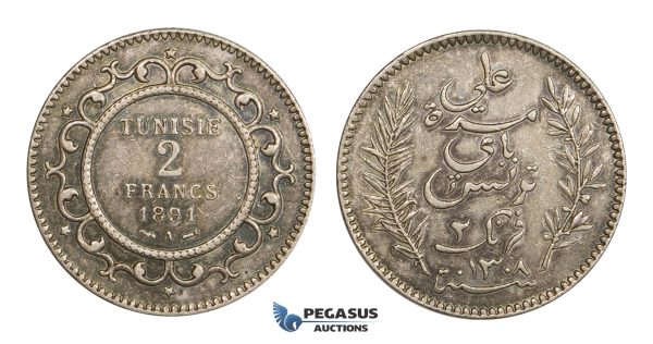 AA321, Tunisia, Ali Bey, 2 Francs 1891-A, Paris, Silver, Toned AU