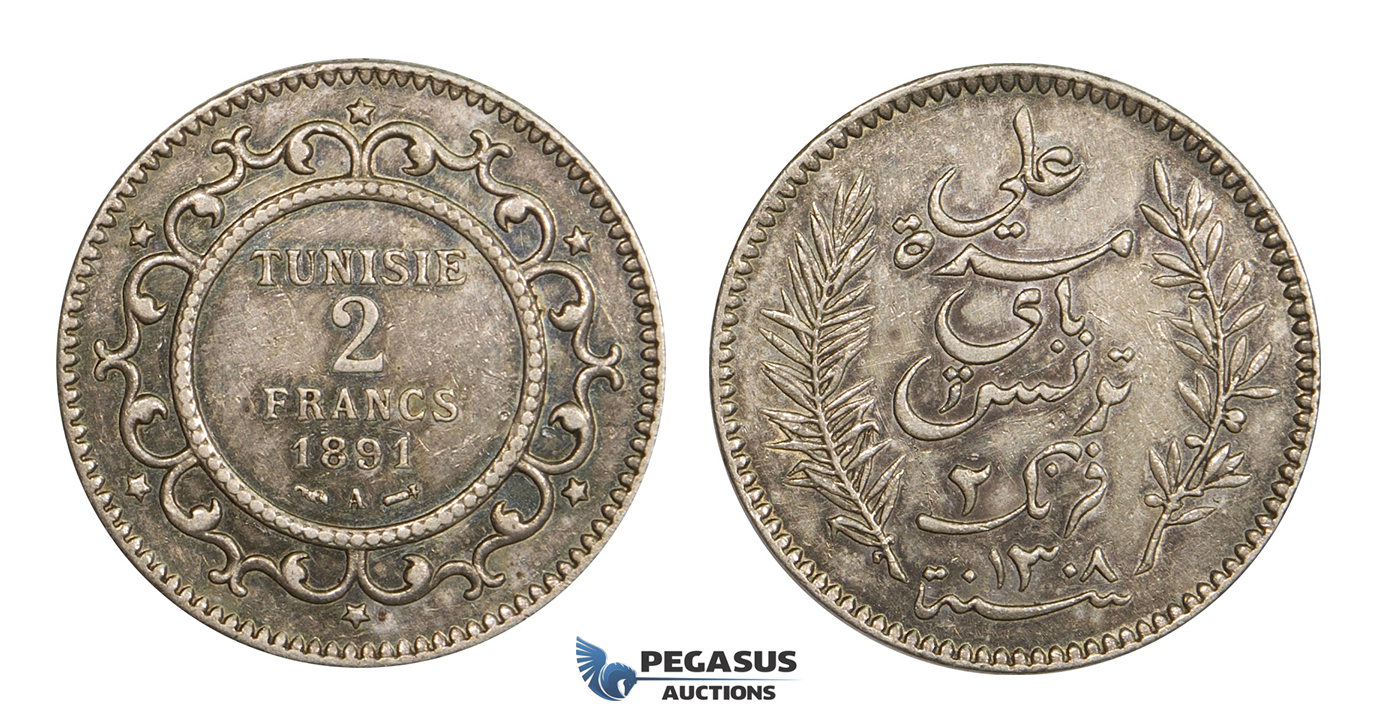 AA321, Tunisia, Ali Bey, 2 Francs 1891-A, Paris, Silver, Toned AU
