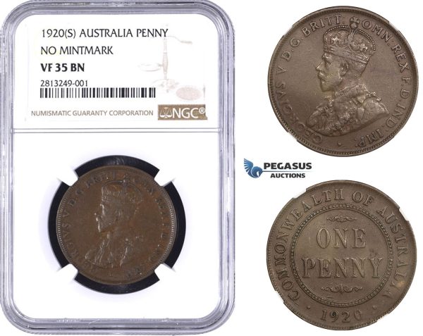 AA343-R, Australia, George V, Penny 1920 (S) No Mintmark, Sydney, NGC VF35BN